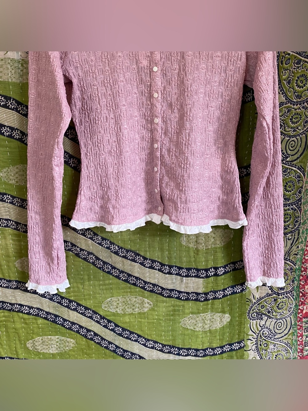 NWT Free People Mauve Blackbird Cardi Textured Ruffle-Trim Top Medium Balletcore - Picture 4 of 15